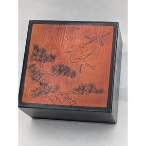 Japanese Covered Lacquerware Box with Copper Makie Crane Scene